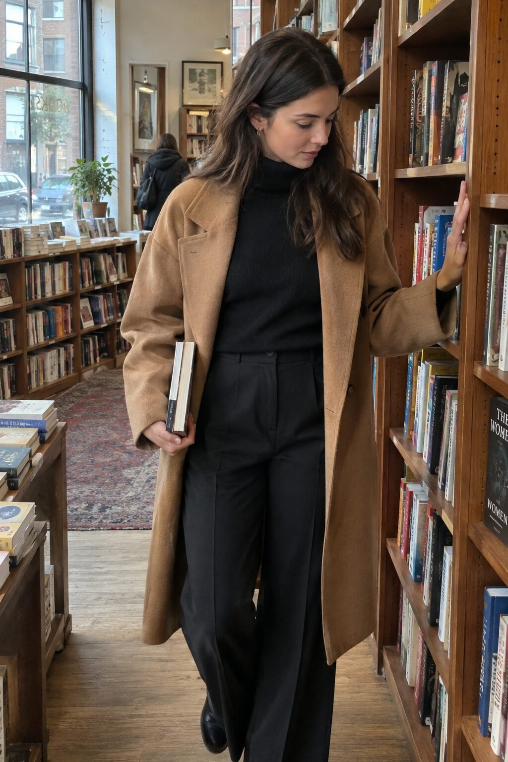 woman wearing a camel wool coat over a black turtleneck and wide-leg trousers for a weekend errand day