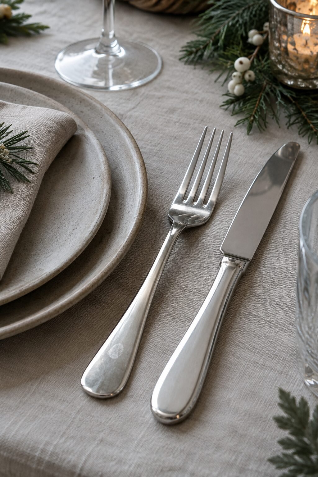 holiday table decor balancing polished silver flatware with matte ceramic dishware
