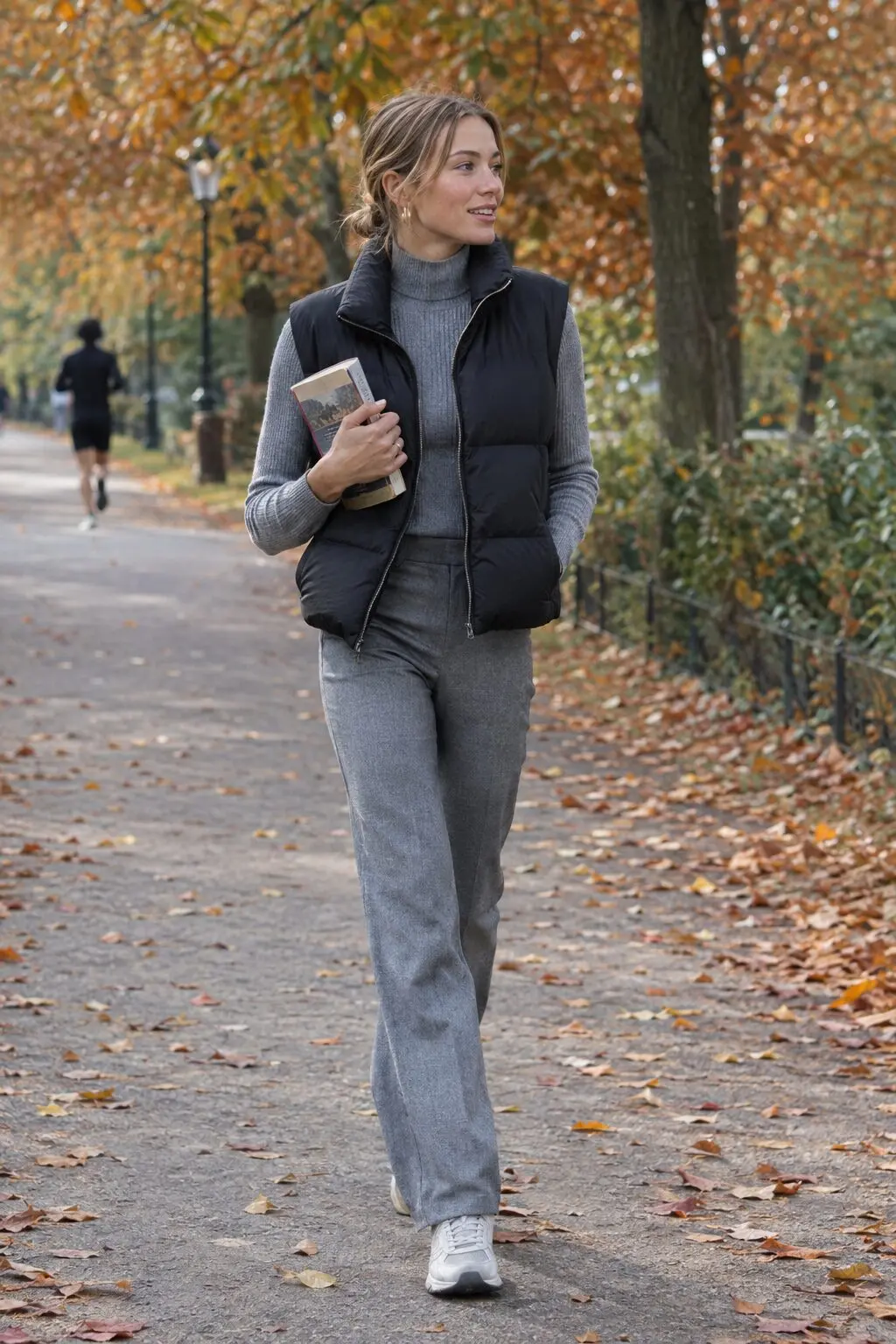 charcoal and grey fall outfit: black cropped puffer vest layered over a heather grey turtleneck and slim trouser