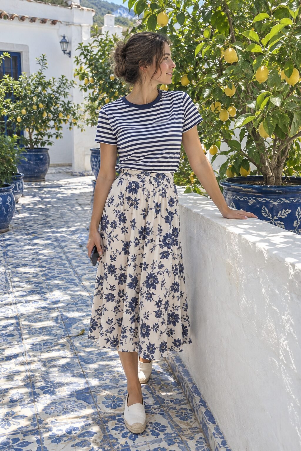 two mixed prints sharing one common color, confident print-mixing outfit