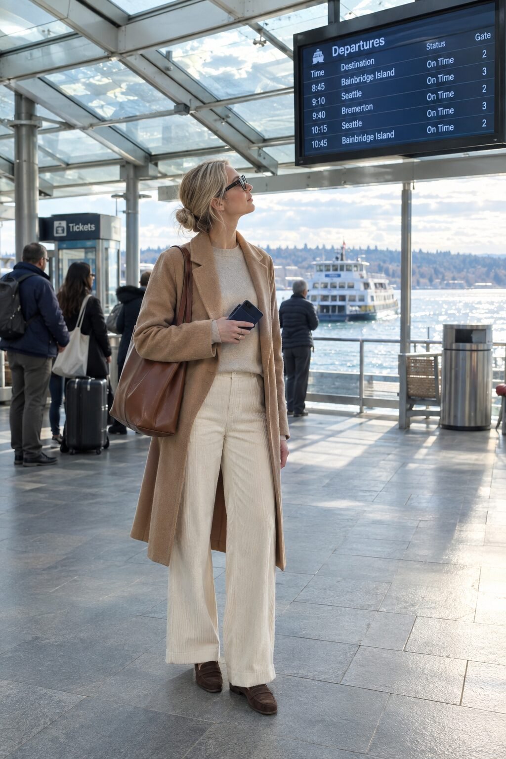 timeless capsule wardrobe pieces travel outfit: camel wool coat, cashmere sweater, cream wide-leg trousers, cognac loafers, cognac tote