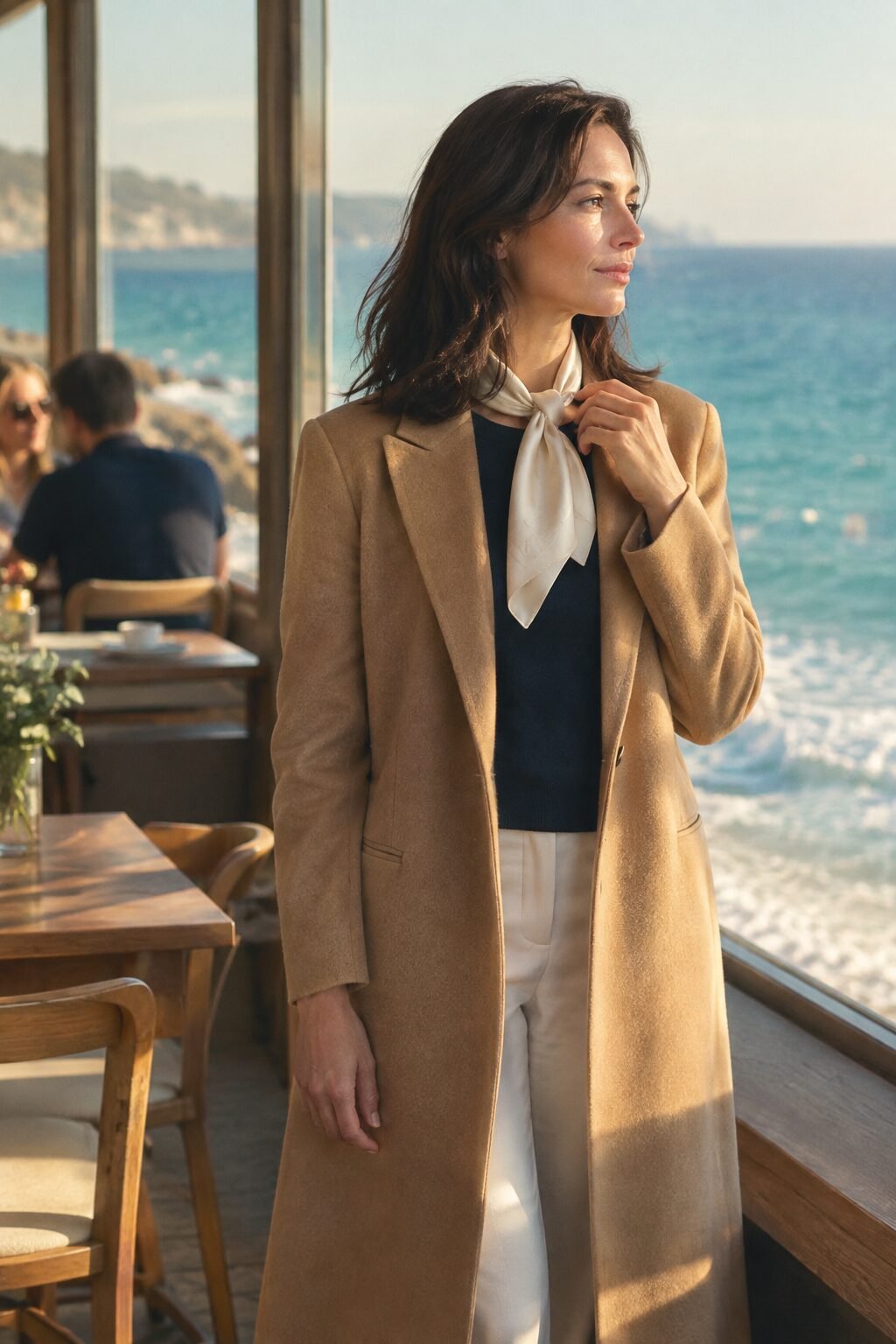 woman knotting a cream silk square scarf at the neck of a camel coat by a large window
