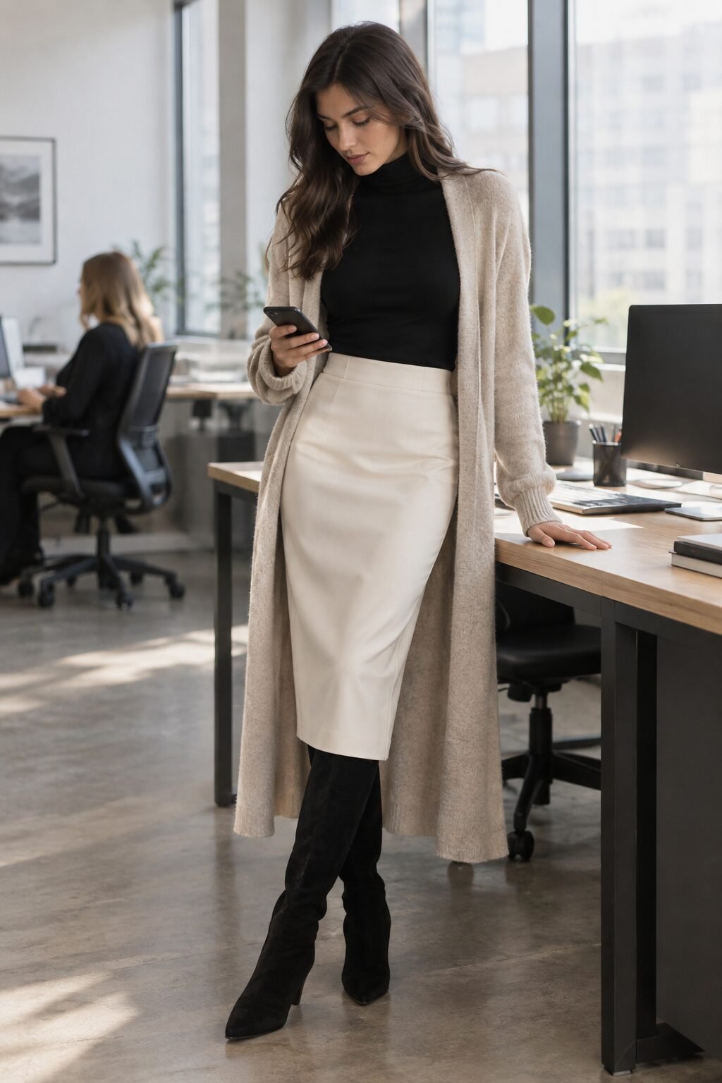 winter office outfit: ivory pencil skirt, black turtleneck, long cashmere cardigan, and knee-high boots