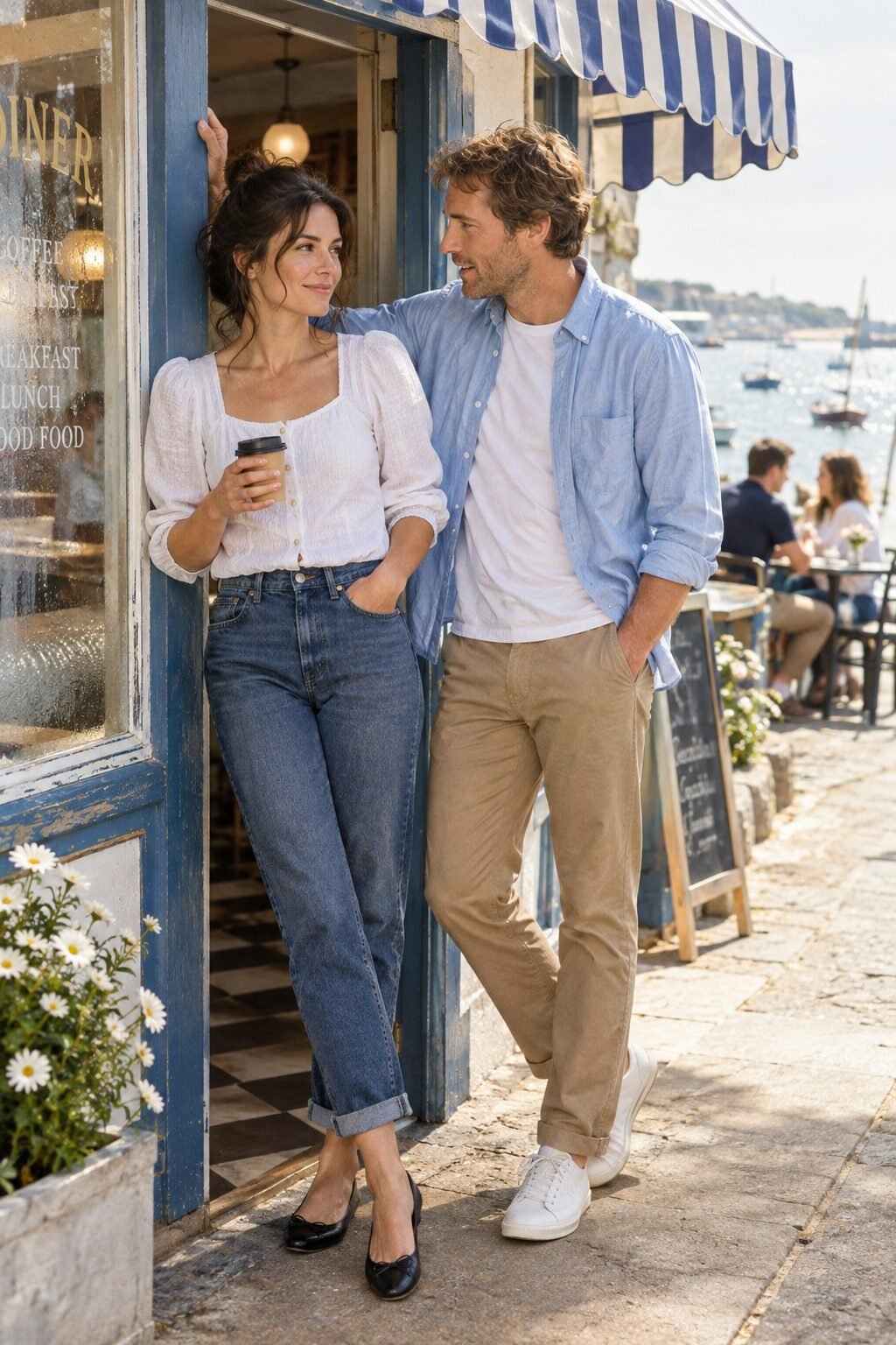 old money couple outfit for Sunday brunch: white textured puff-sleeve blouse, dark straight jeans and black leather ballet flats