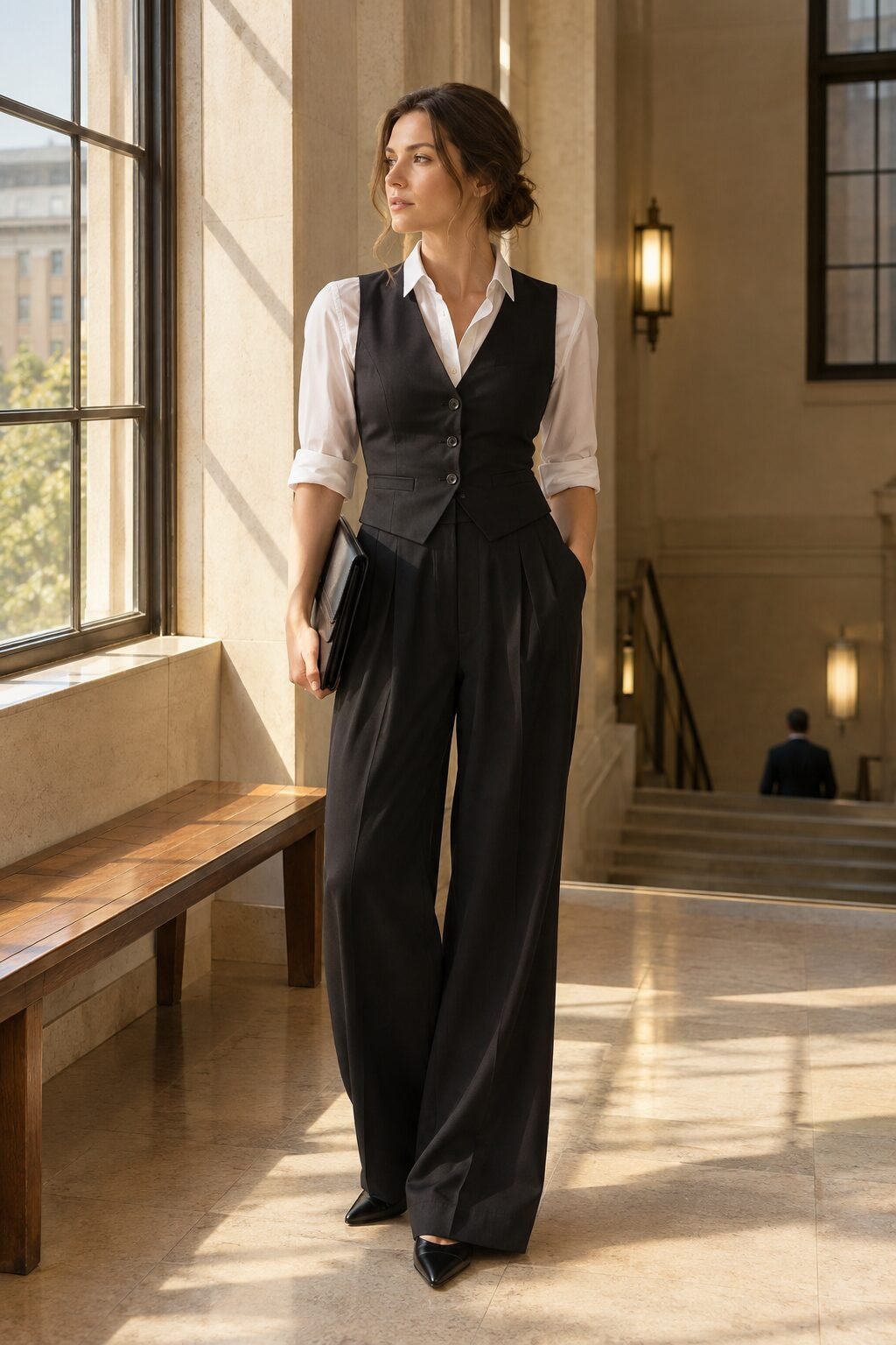 wide-leg trousers outfit with a black tailored button-down vest over a white poplin shirt for the office