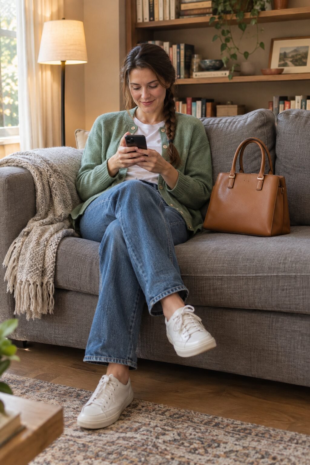 woman reading a brand's repair and care page on her phone while holding a leather handbag
