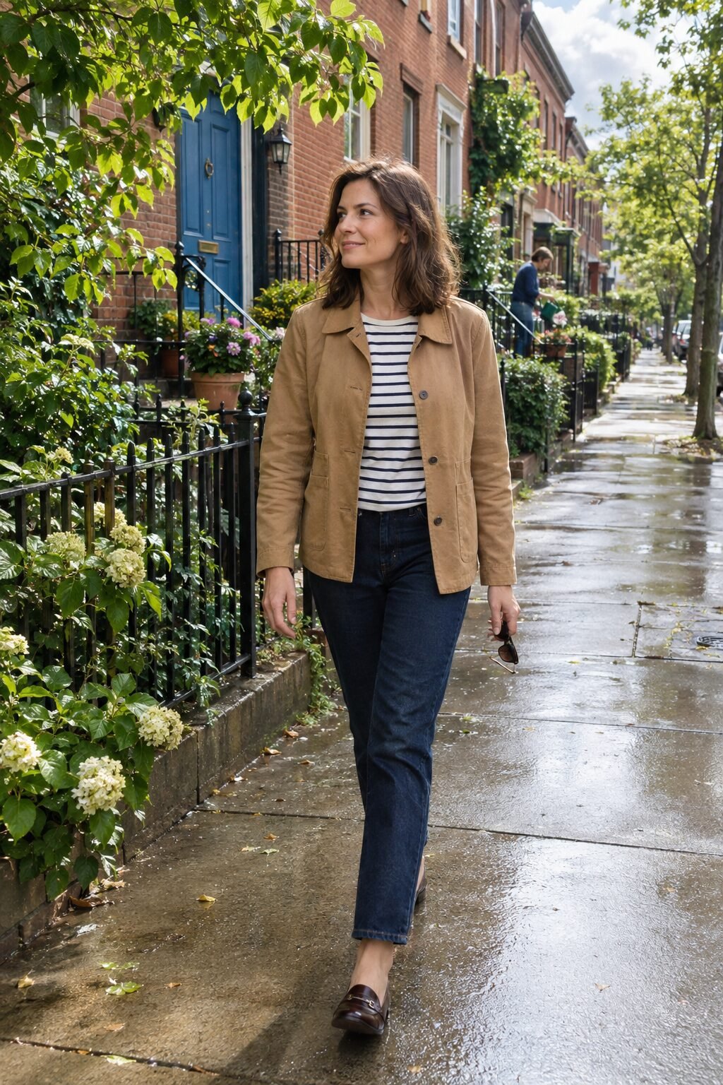 woman walking slowly down a leafy neighborhood street on a weekend afternoon without a destination