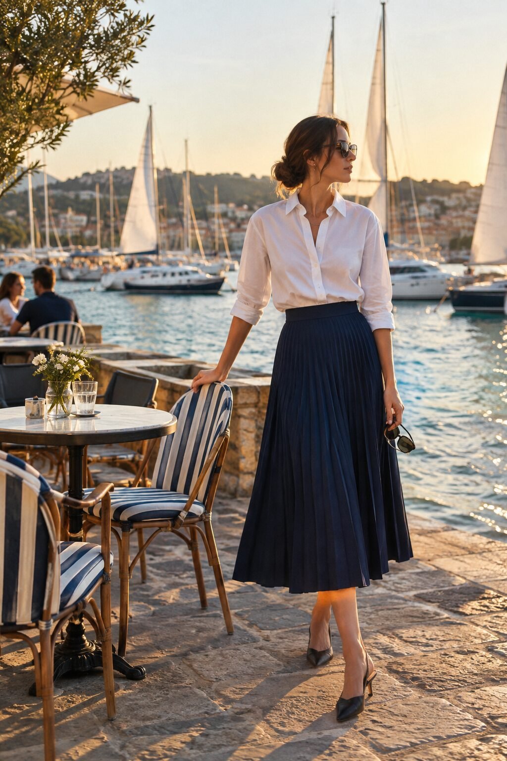 casual chic coffee run outfit: white cotton poplin shirt, navy pleated midi skirt, and black leather slingback pumps