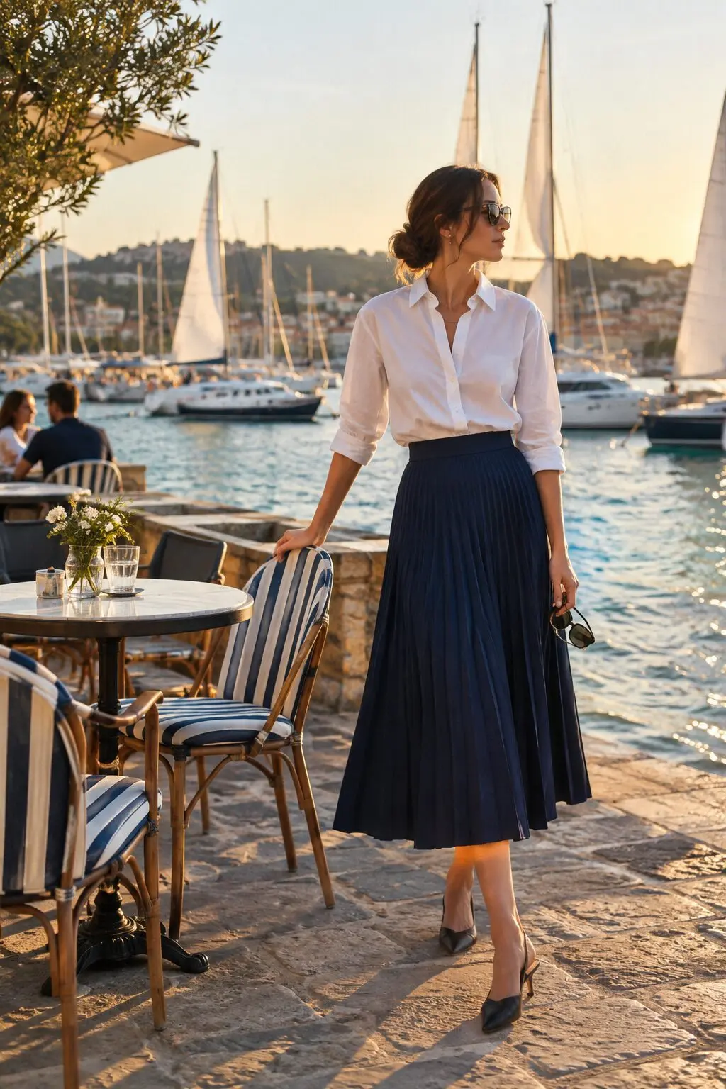 casual chic coffee run outfit: white cotton poplin shirt, navy pleated midi skirt, and black leather slingback pumps