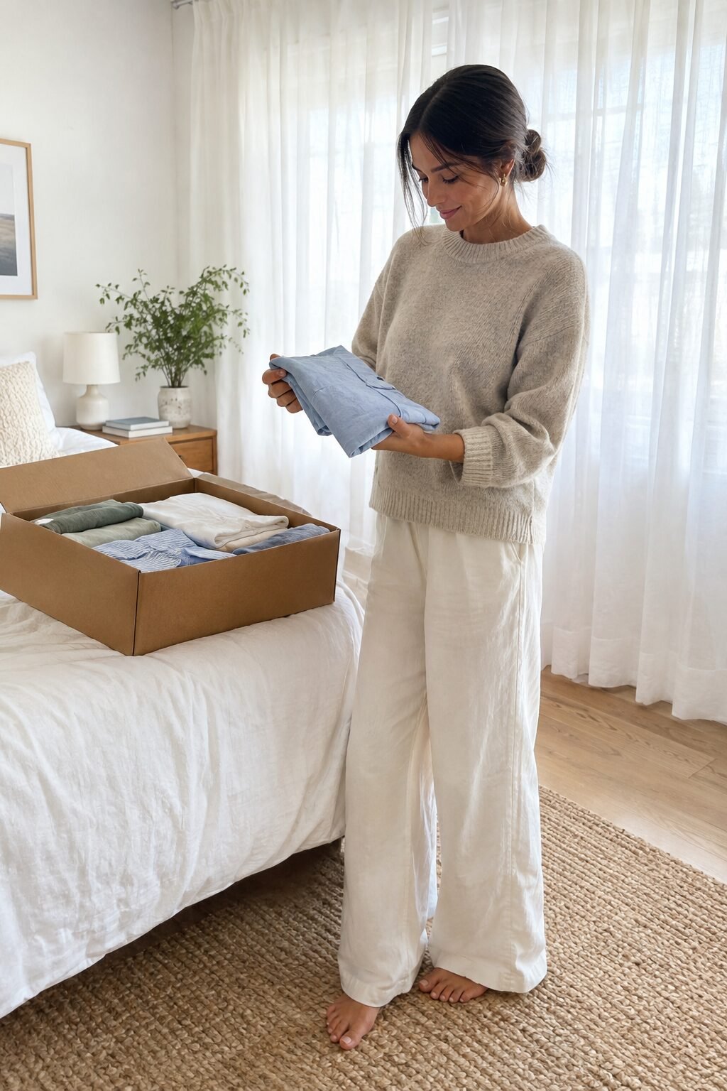 woman lifting a linen shirt out of a storage box in a bright bedroom