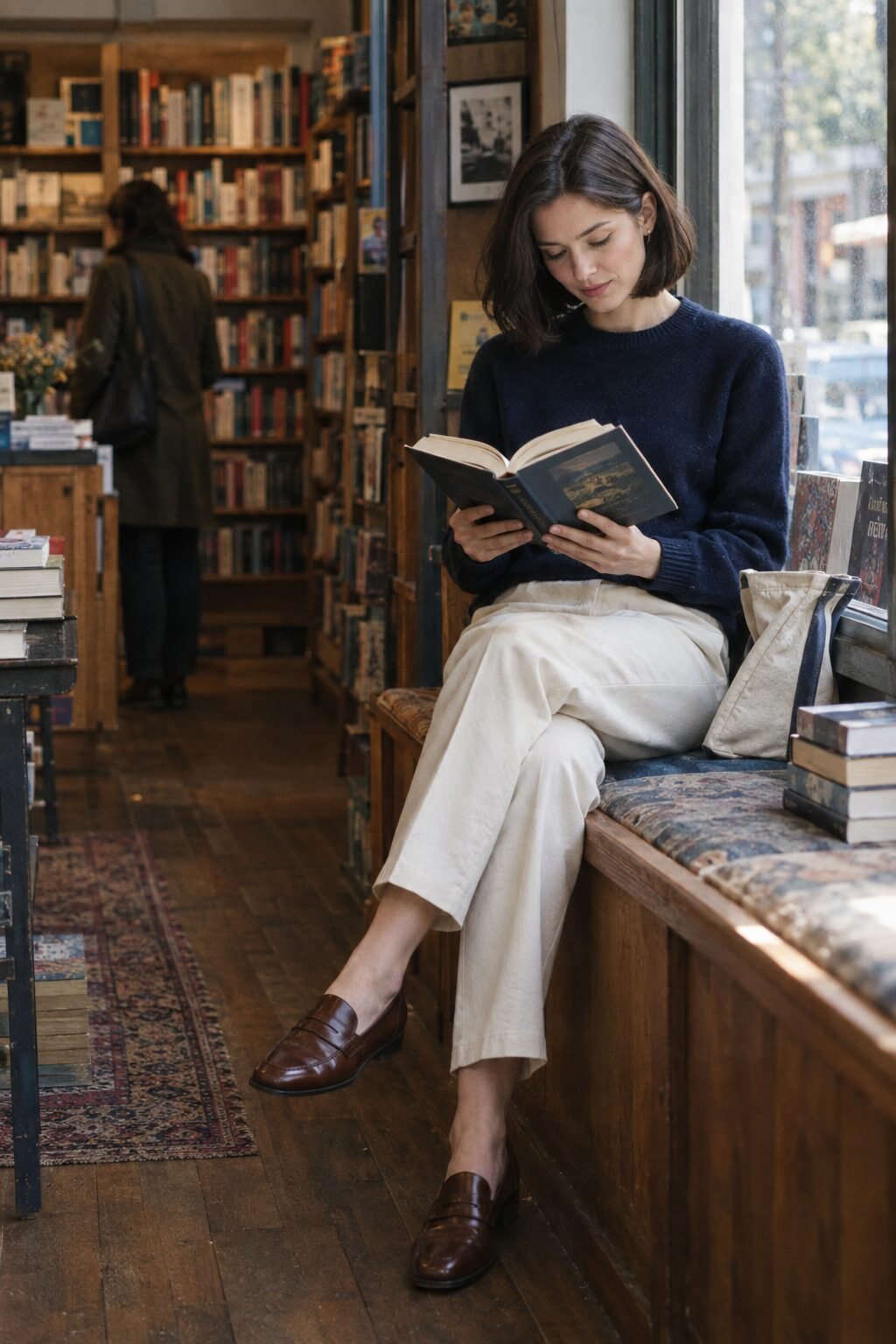 A woman curled up on a sofa with a hardcover book and a blanket in afternoon light