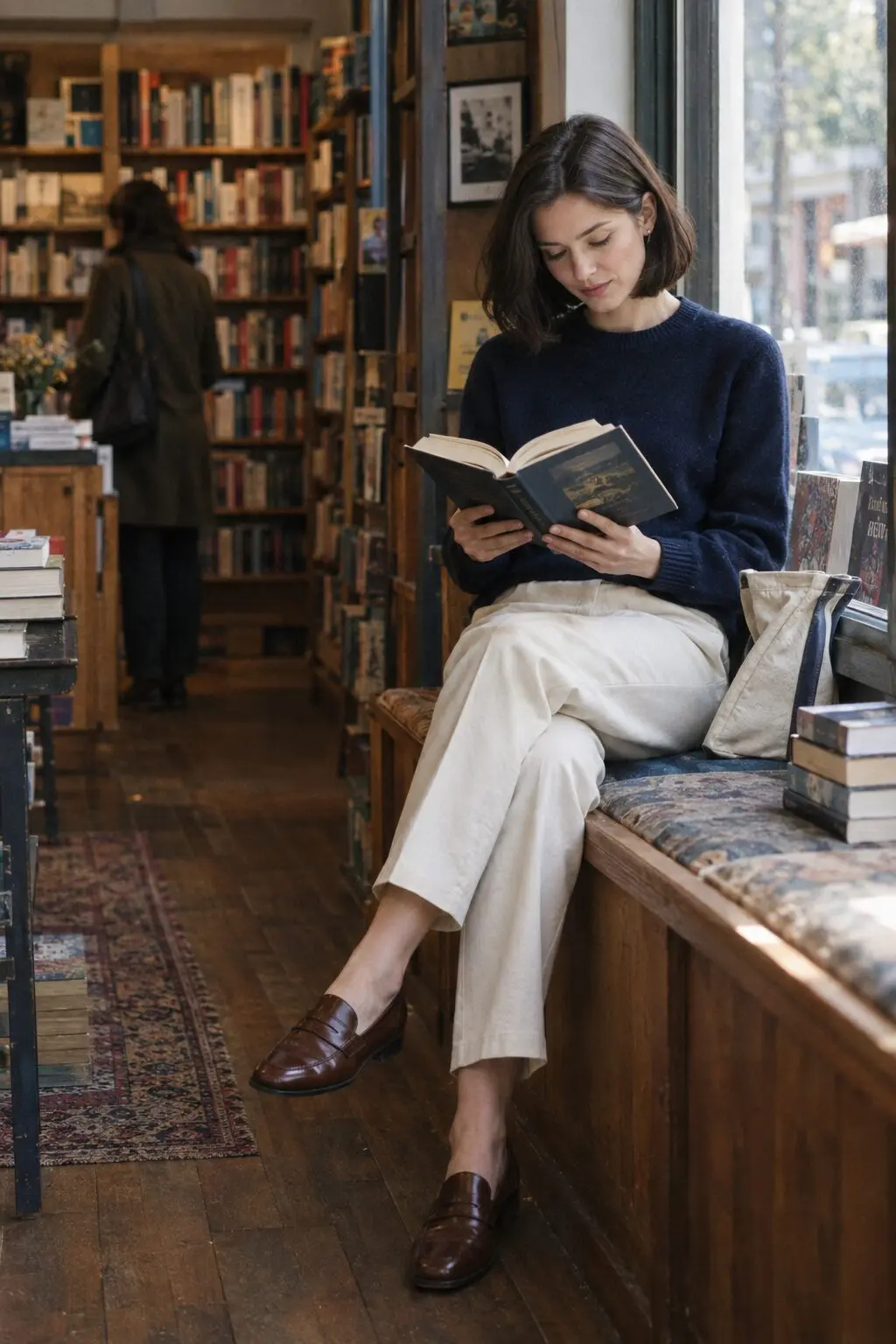 A woman curled up on a sofa with a hardcover book and a blanket in afternoon light