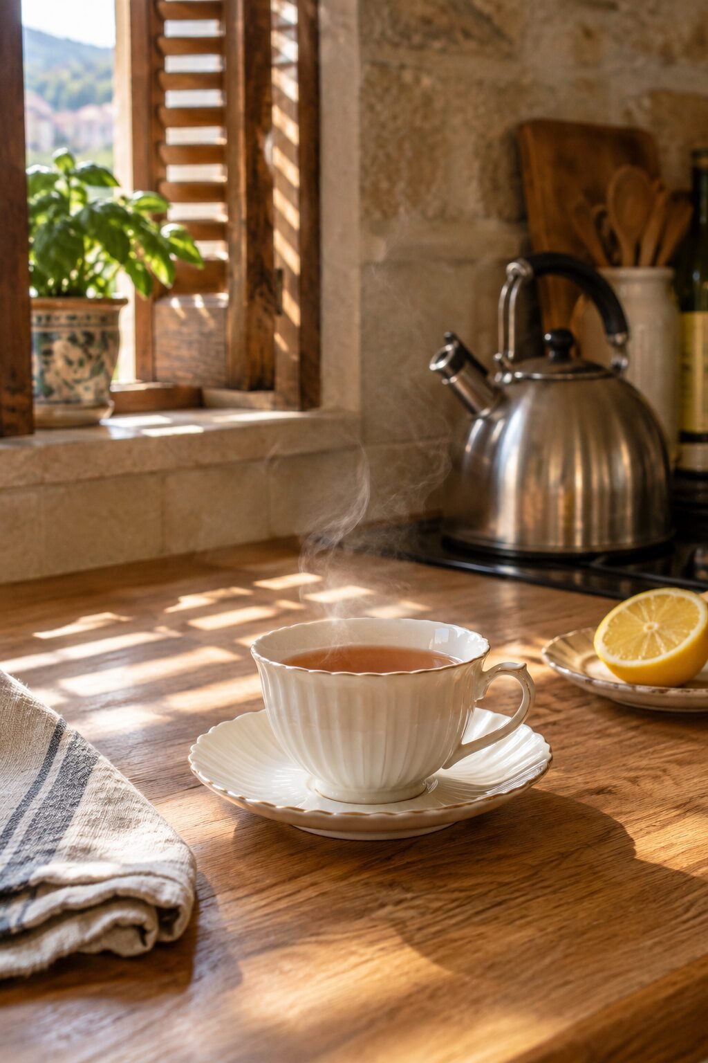 old money evening routine: a white bone china cup and saucer of tea on a kitchen counter next to a kettle