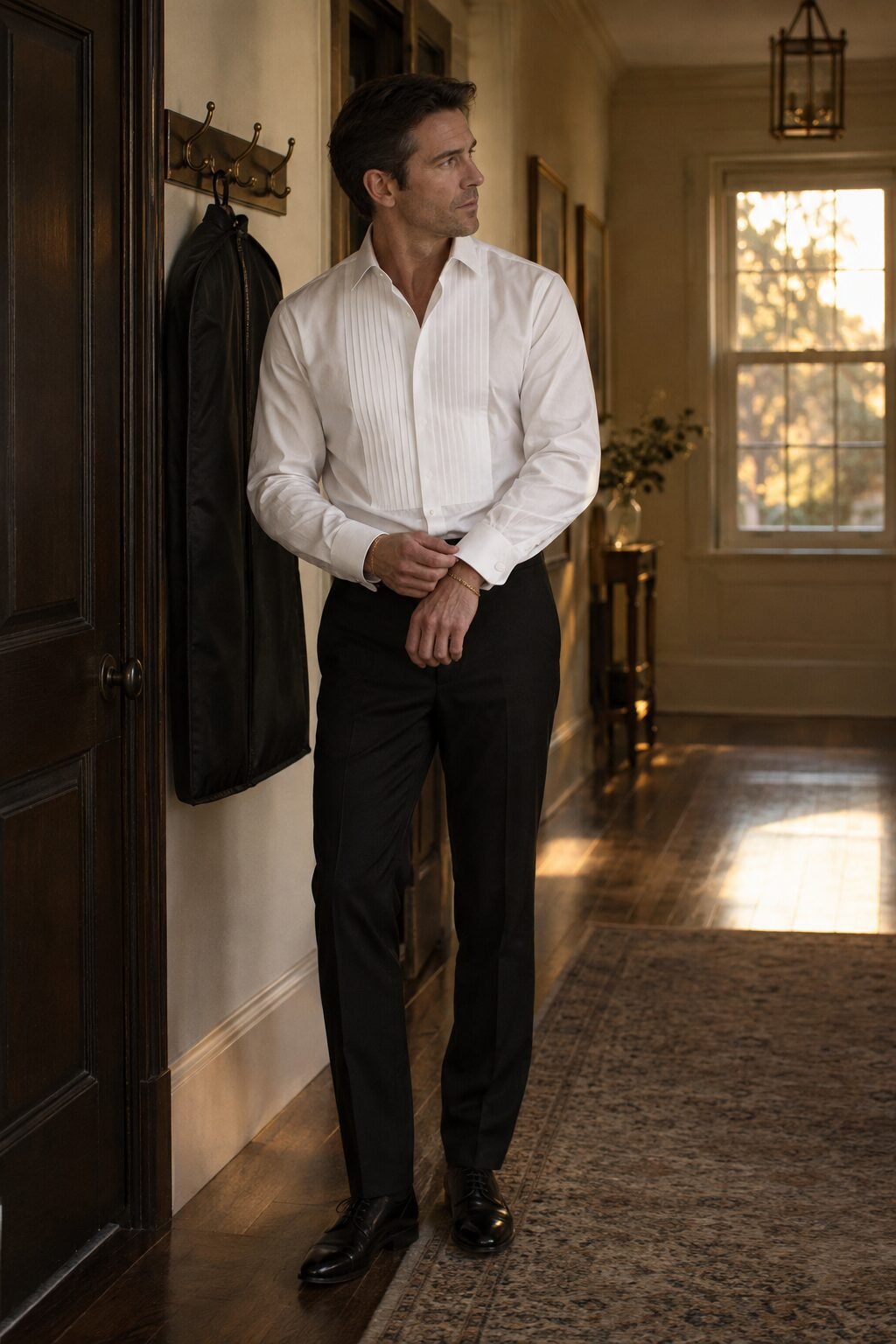 old money bracelet with a formal dinner shirt: slim gold chain bracelet beneath the cuff of a white pleated-bib tuxedo shirt