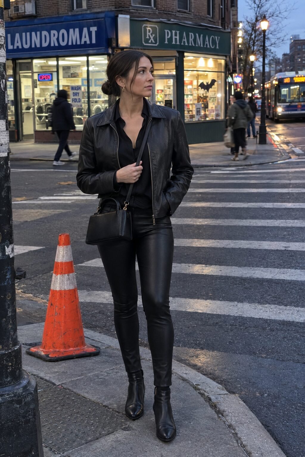 casual night out outfit: black silk blouse, faux leather leggings, cropped black leather jacket, and mini leather tote