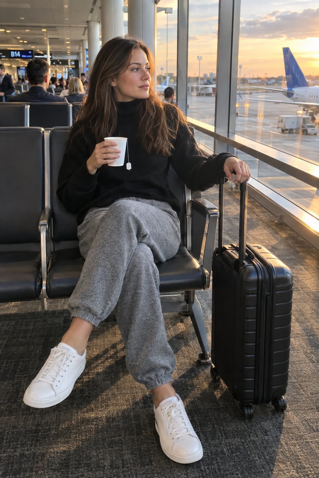 black cashmere turtleneck with medium heather grey fleece joggers, comfortable elegant long-haul flight outfit