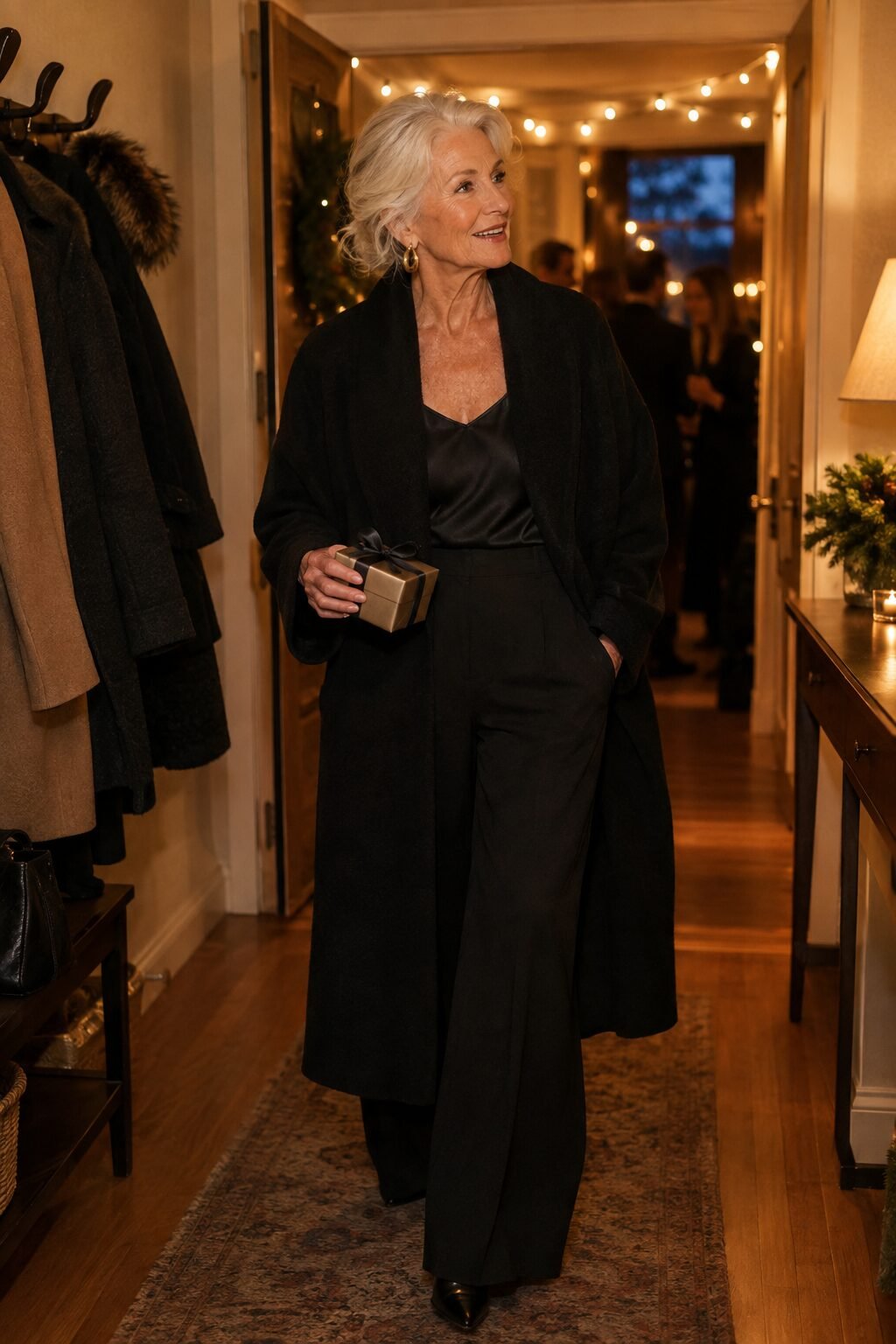 elegant holiday party outfit for a woman in her 70s: black wool-cashmere cocoon coat over a silk camisole and wide-leg trousers
