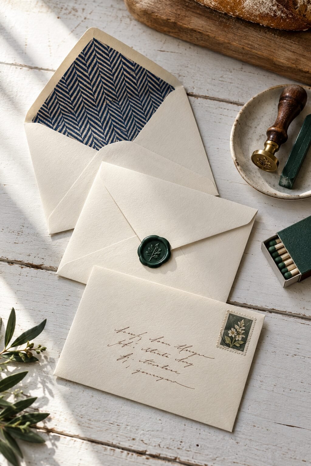 cream envelope with a herringbone liner, dark green wax seal and a hand-addressed front with a real stamp