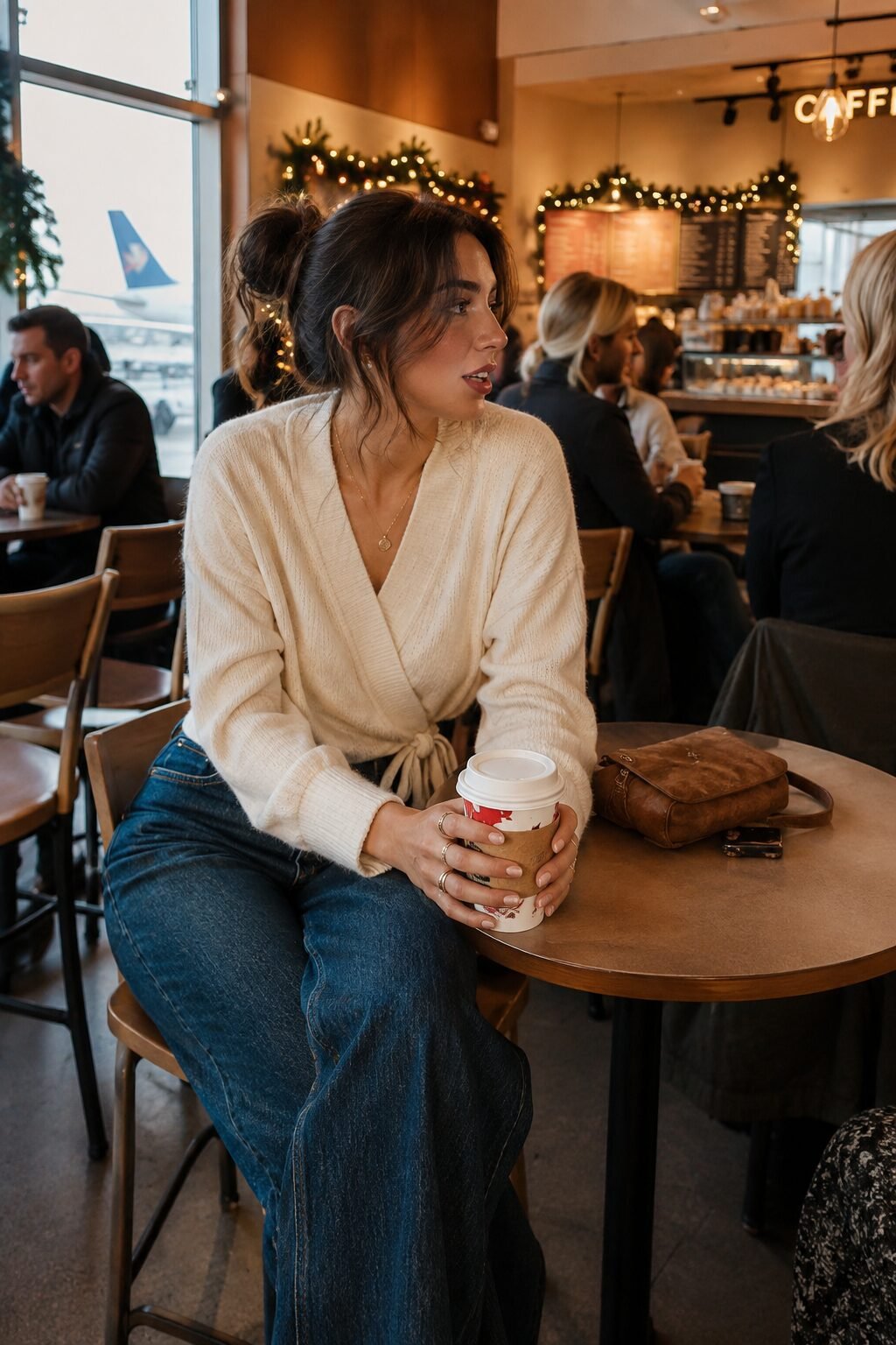 elegant airport outfit: cream cashmere wrap top and wide-leg denim for holiday travel