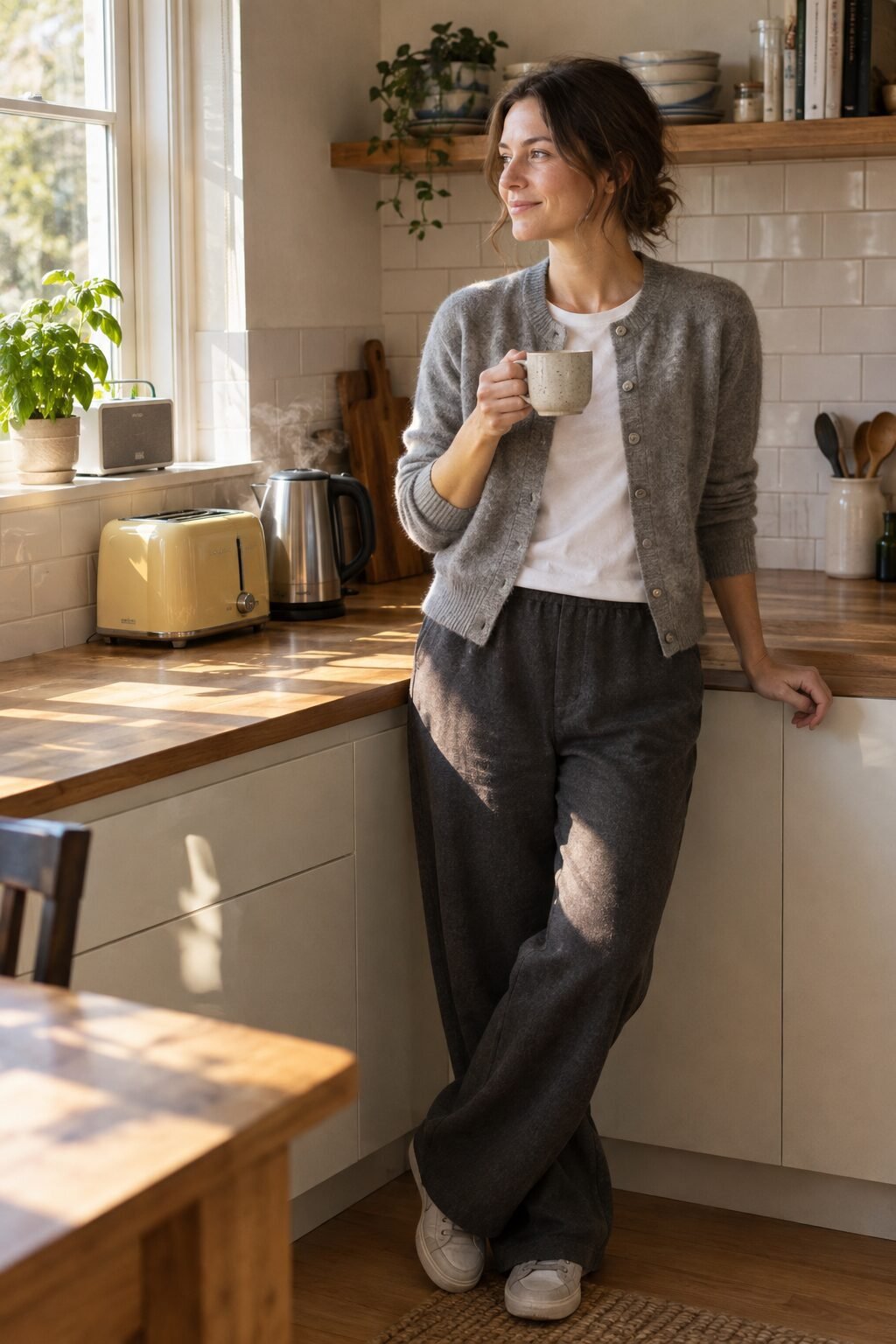 A woman in a heather grey cardigan holding a coffee cup in a sunlit kitchen