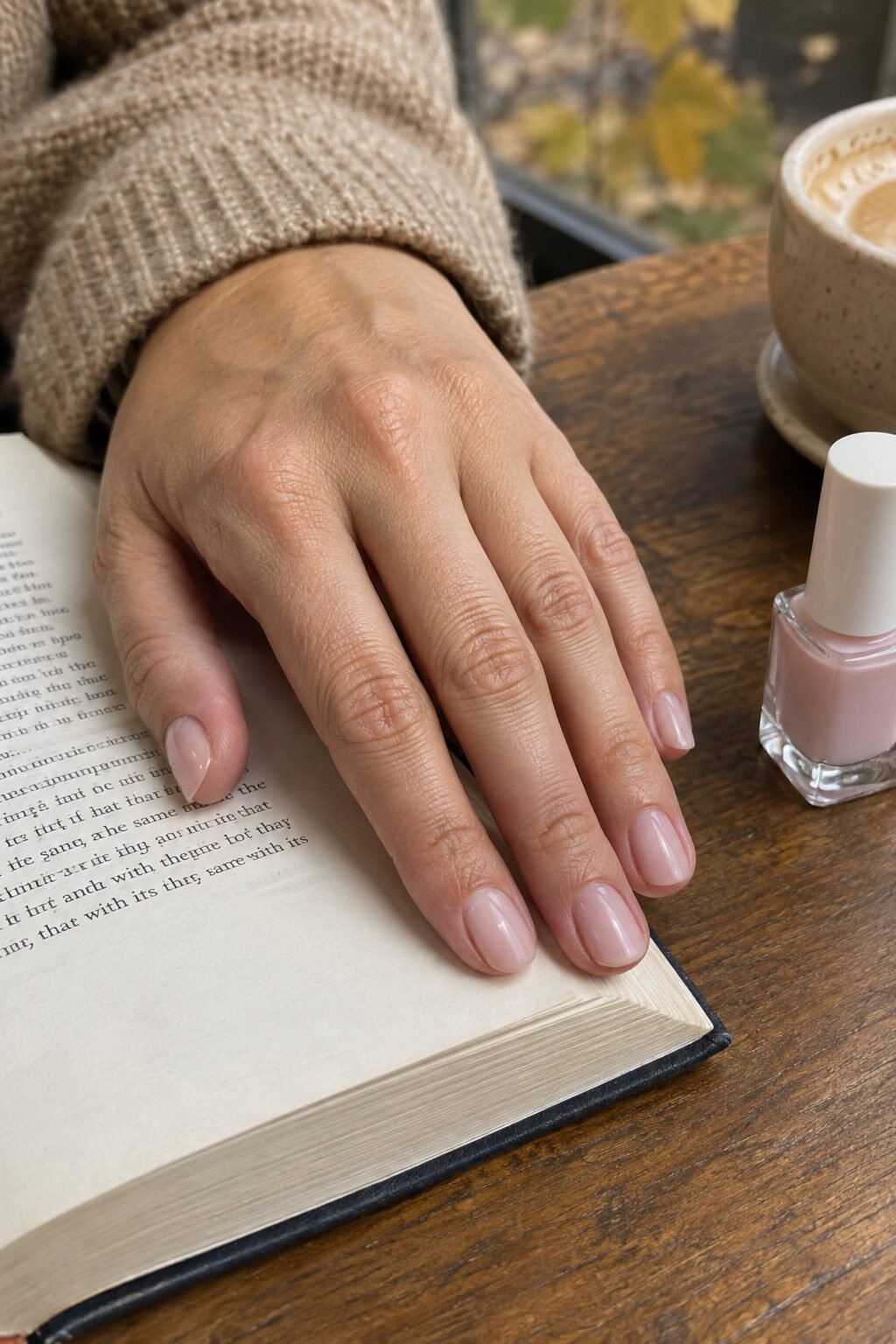 close-up of a hand with one sheer wash of pale pink tint on short nails resting on an open book