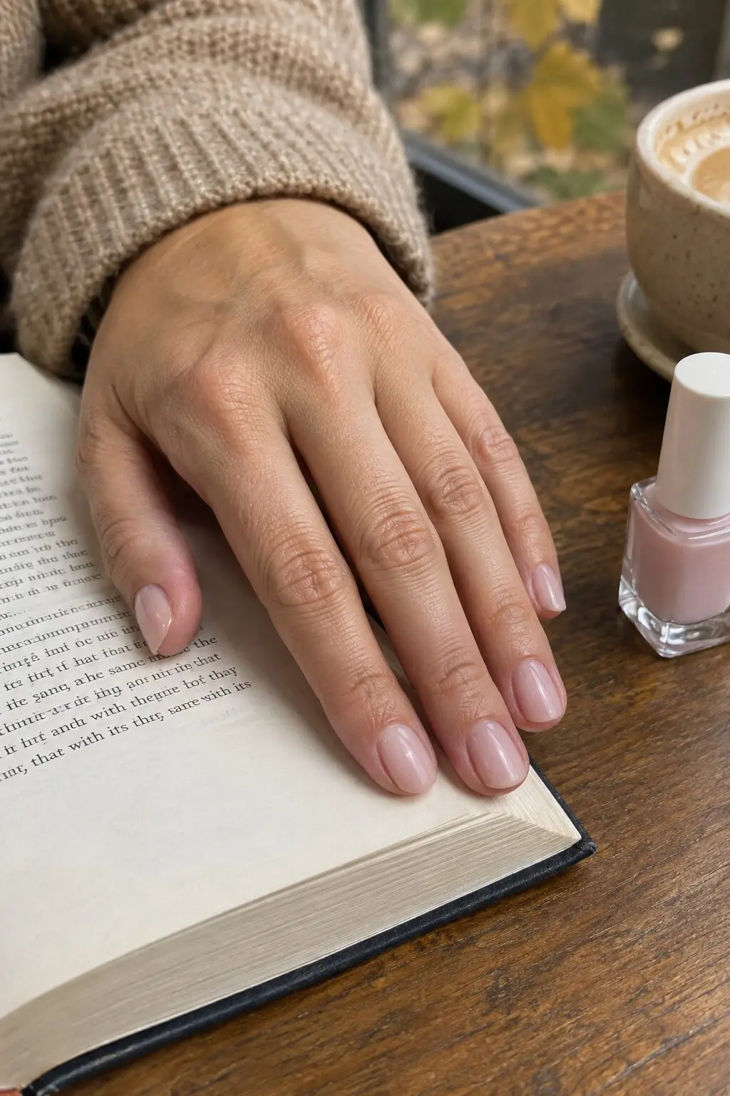 close-up of a hand with one sheer wash of pale pink tint on short nails resting on an open book