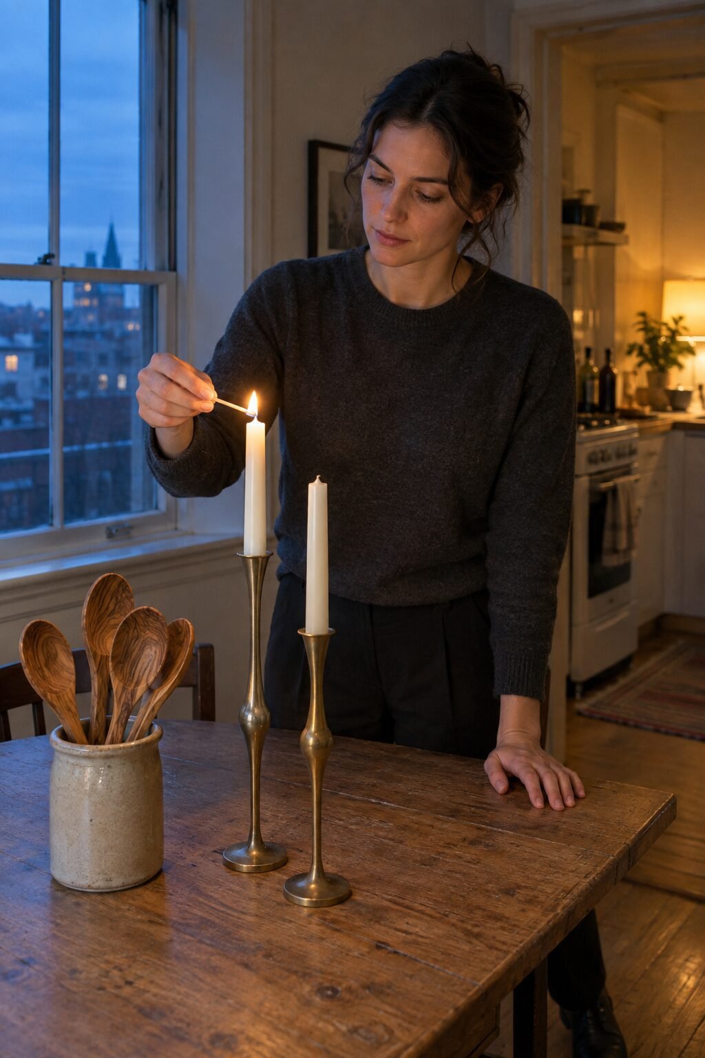 old money italian home decor dining table with slim antique brass taper candle holders and olivewood spoons in a stoneware jar, woman lighting a candle