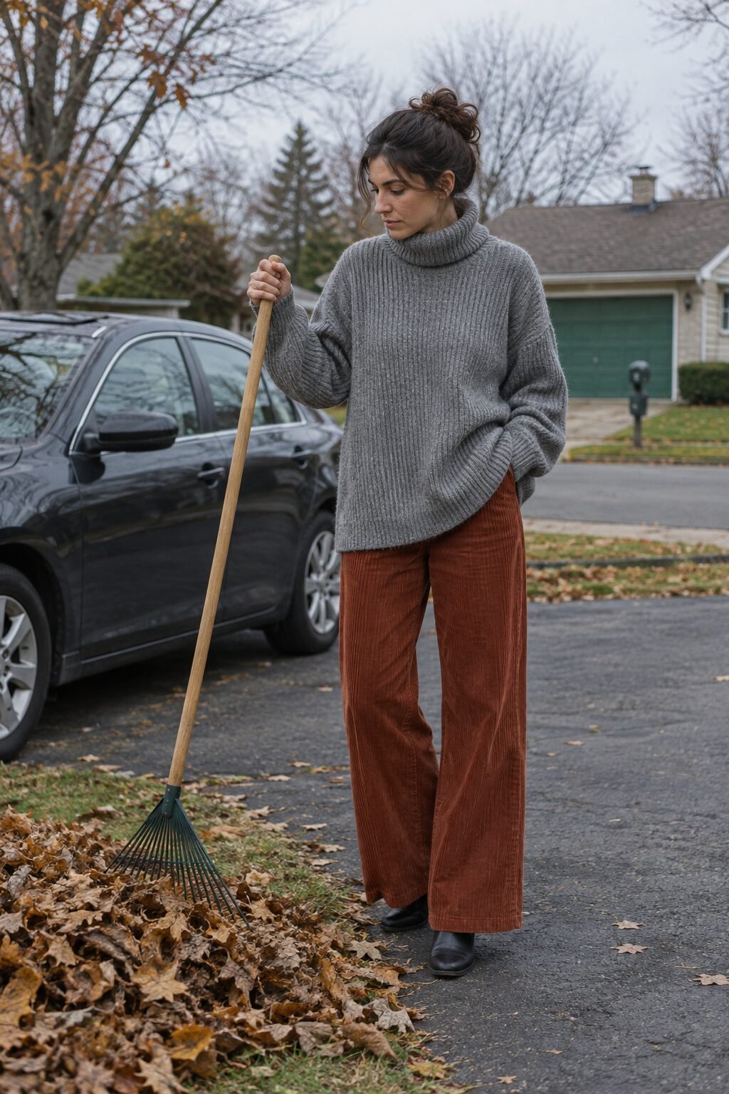 how to style corduroy pants with a heather grey chunky cashmere turtleneck, brick red corduroy pants and black leather ankle boots