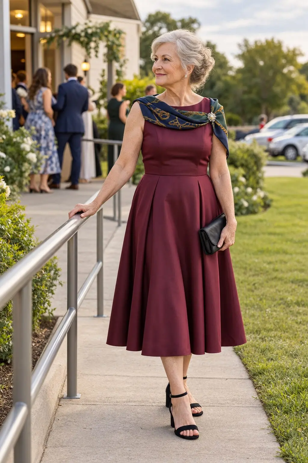 how to style a silk scarf folded narrow and pinned with a crystal brooch over a red plum midi dress for a wedding guest
