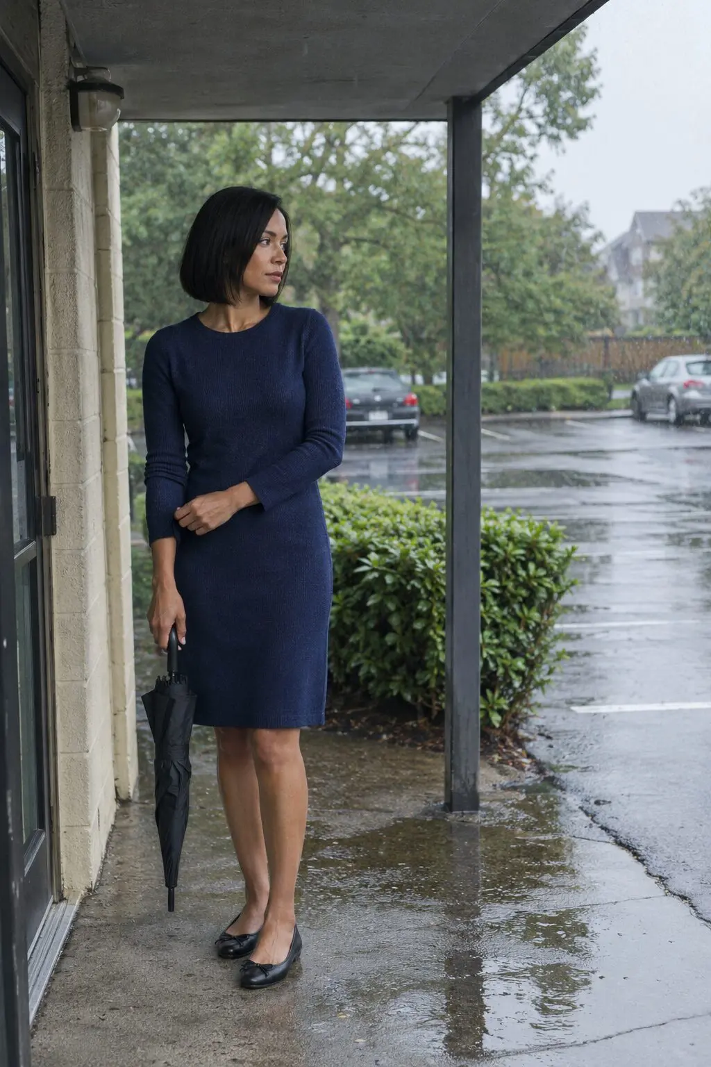 easy mom outfit for a parent-teacher conference: indigo travel dress with black leather ballet flats