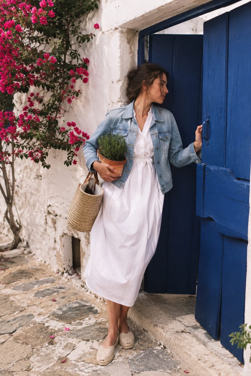 woman wearing a light-wash denim jacket over a crisp white cotton poplin dress with an espadrille for a daytime weekend outfit