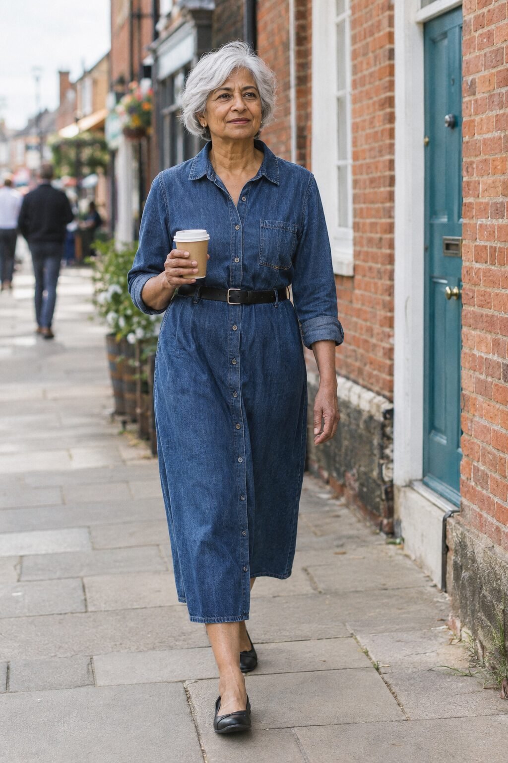 casual community church outfit for women in their 70s: indigo denim button-front midi shirt dress with black flats