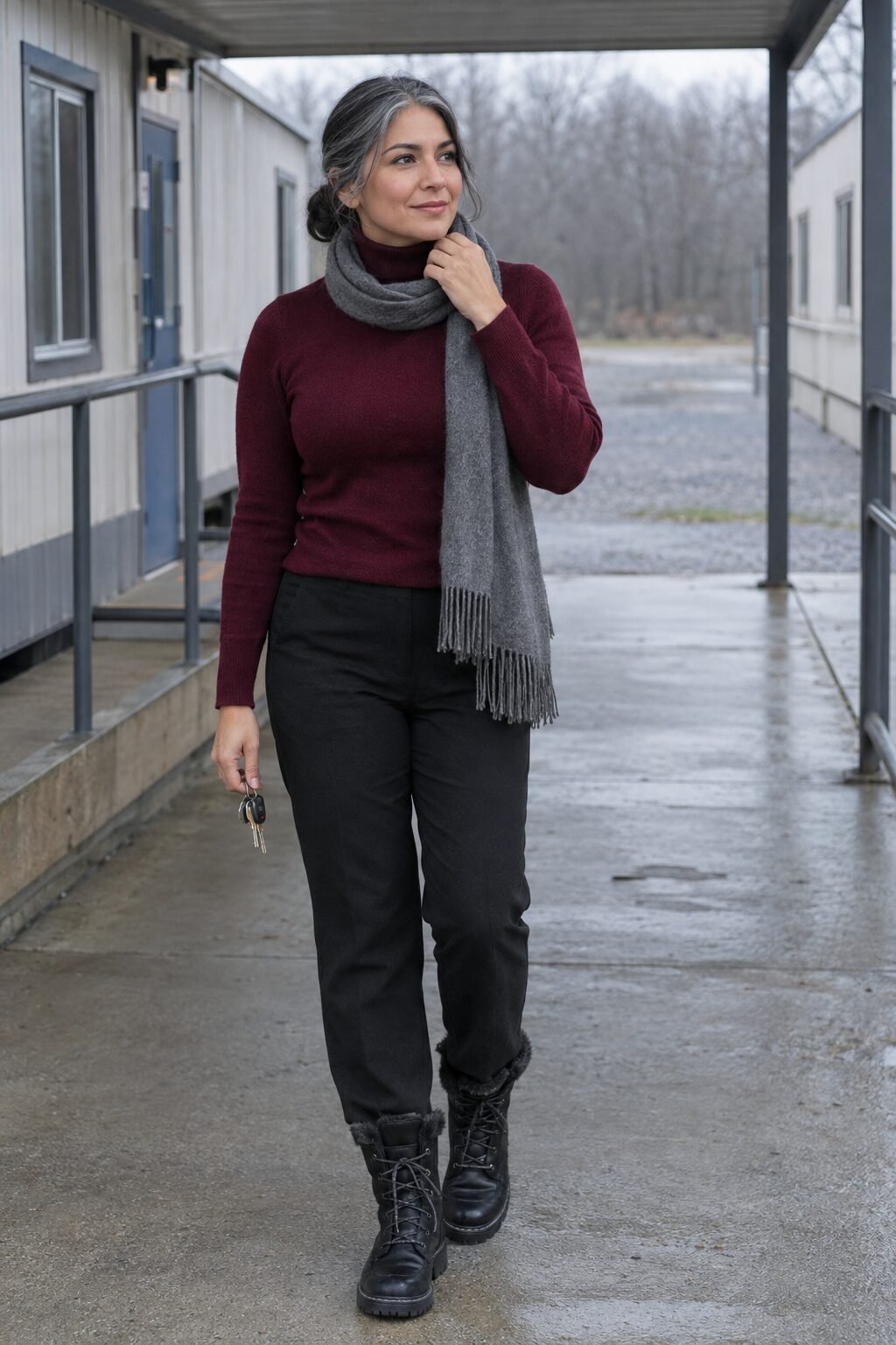 monochrome burgundy halloween teacher outfit: burgundy cashmere turtleneck with black lace-up winter boots
