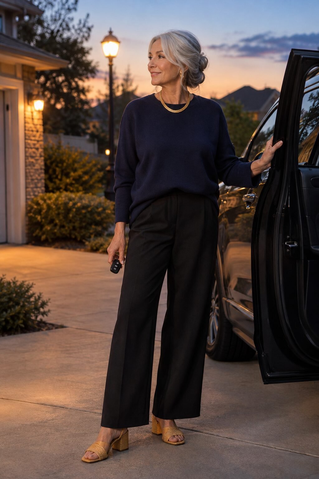 how to style a tunic for women in their 70s: navy crewneck tunic tucked into black wide-leg trousers with a gold necklace