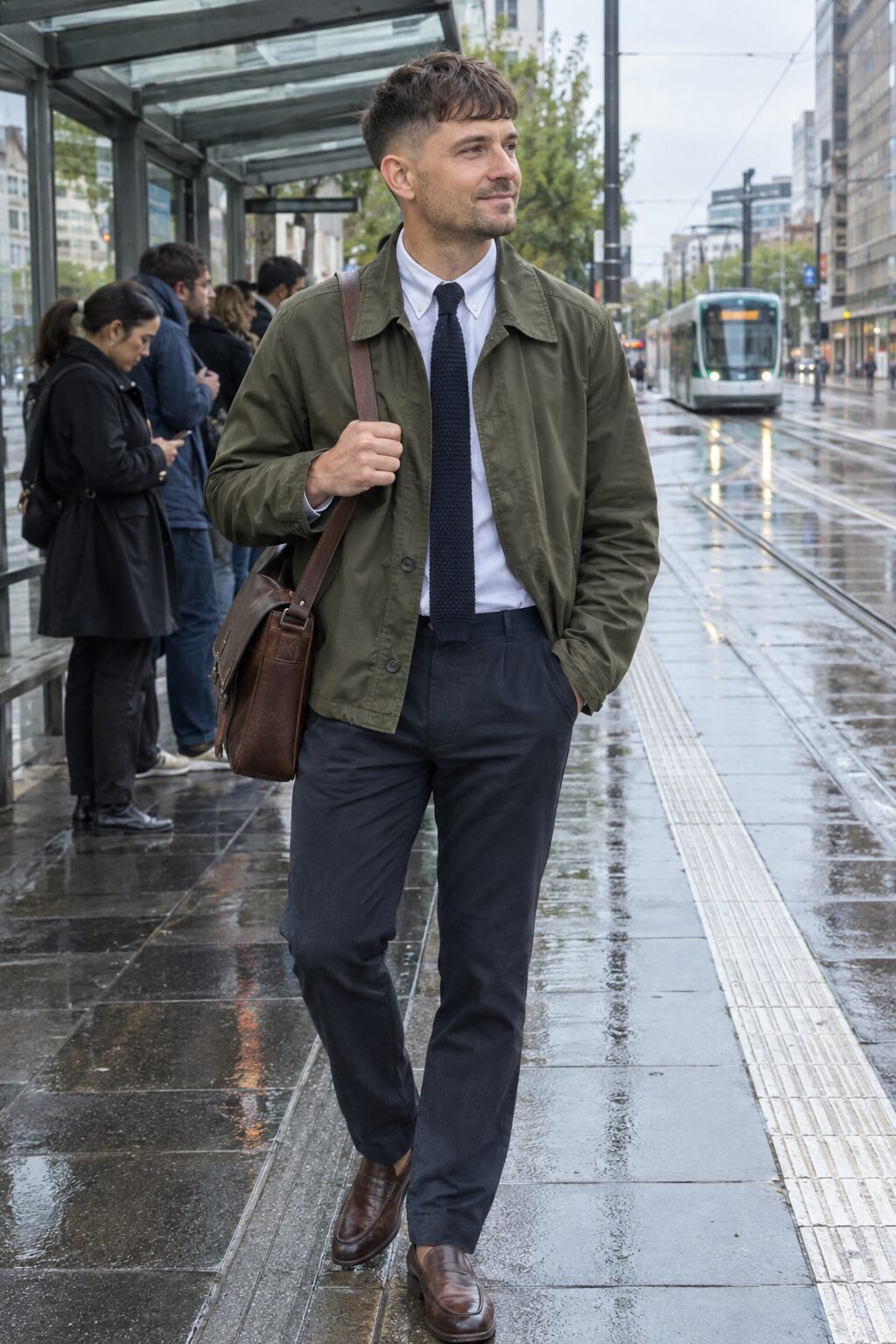 french crop haircut with a short textured fringe and faded sides on a man outdoors