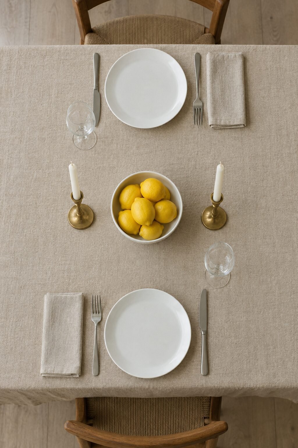 old money table setting for two in white, oat linen and brass with a bowl of lemons as the only color