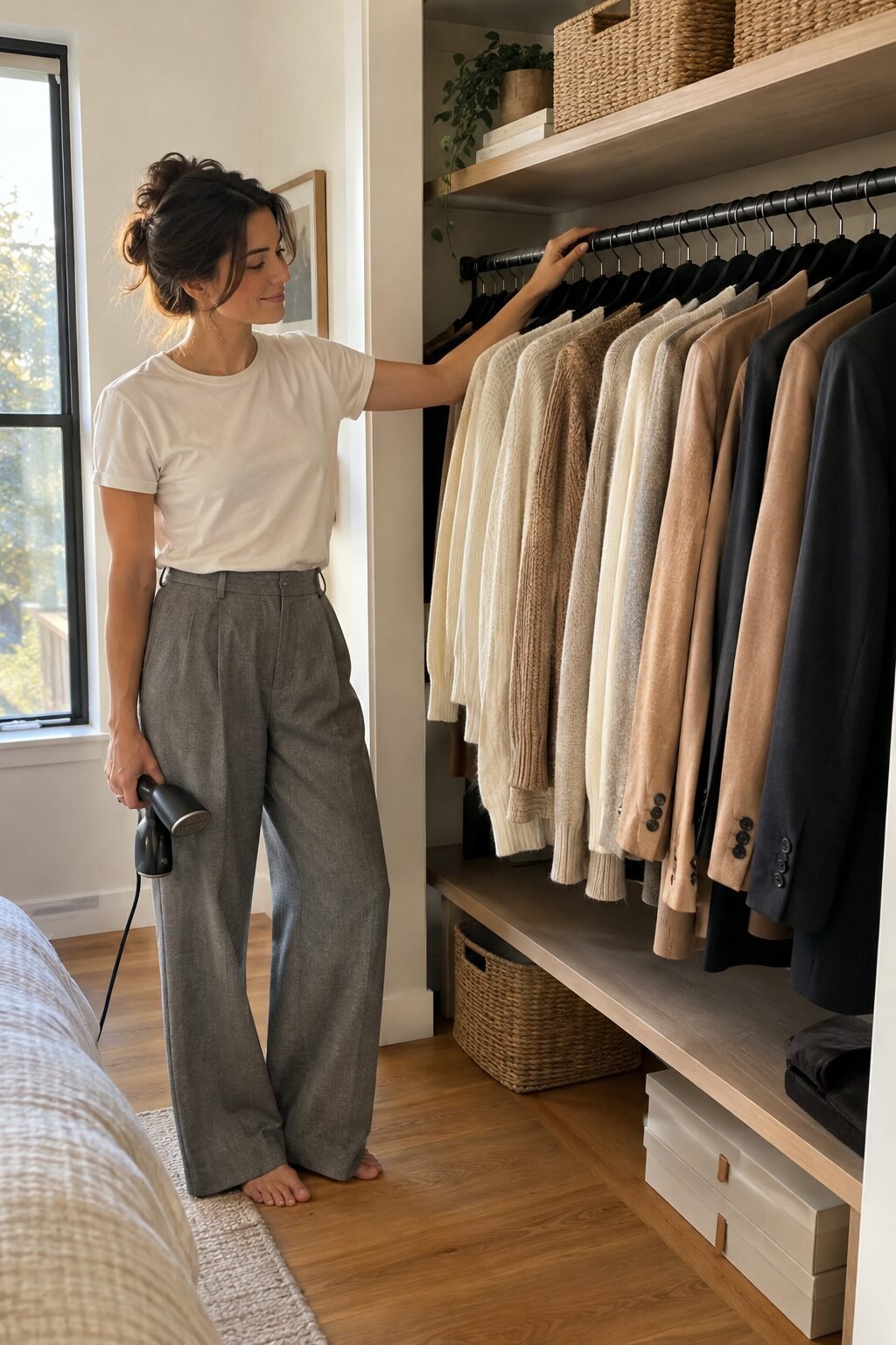 matching slim matte black hangers holding knits and blazers in a tidy closet