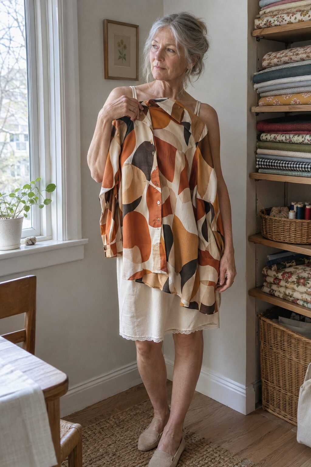 a large-scale graphic print blouse in a sophisticated color palette, elegant style over 70