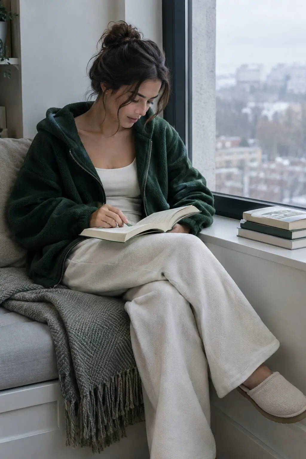 elegant loungewear outfit: forest green oversized fleece zip hoodie with off-white wide-leg fleece pants
