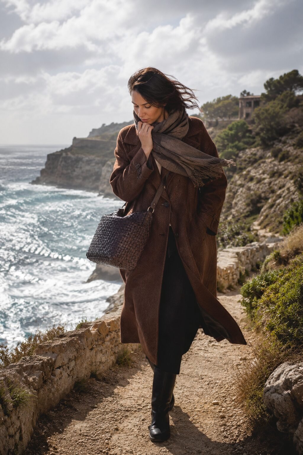elegant Halloween outfit: rust-toned cocoa wool coat with a woven leather crossbody tote