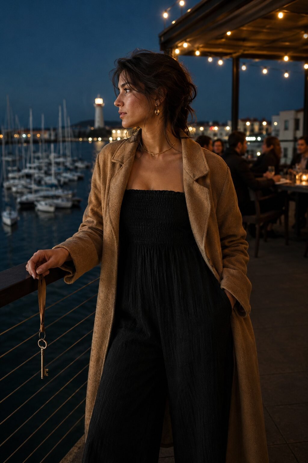 elegant date night outfit: black wide-leg jumpsuit under a camel statement coat