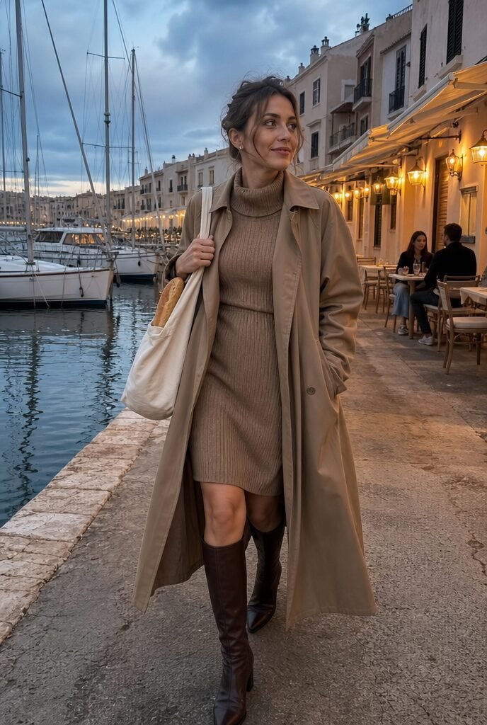 casual halloween party outfit: knit sweater dress, knee-high boots, and an unbelted trench coat