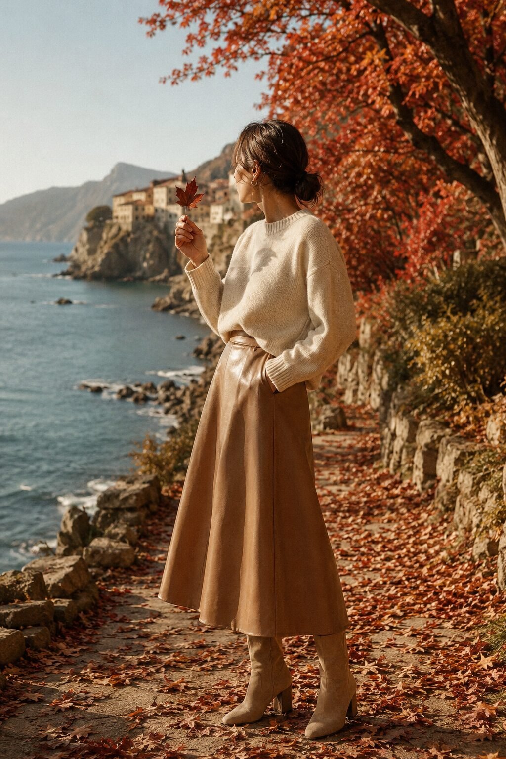 camel and cream fall outfit for leaf peeping: A-line camel faux-leather skirt with a tucked cream sweater