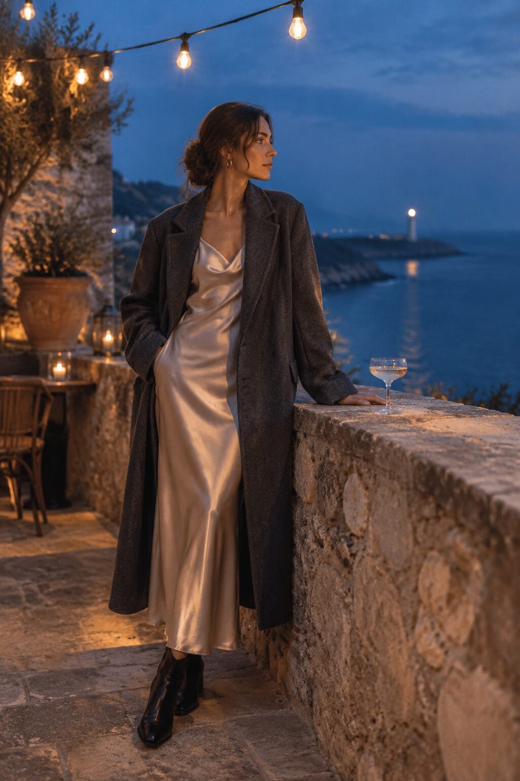 how to build a capsule wardrobe: charcoal wool coat worn open over a champagne silk slip dress for evening