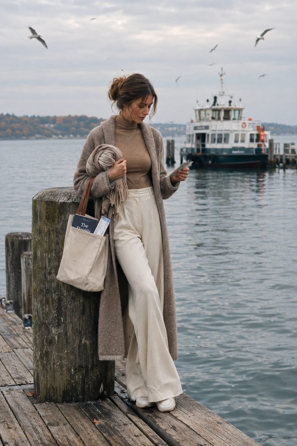 cozy fall travel outfit: tan turtleneck bodysuit tucked into ivory wide-leg wool trousers