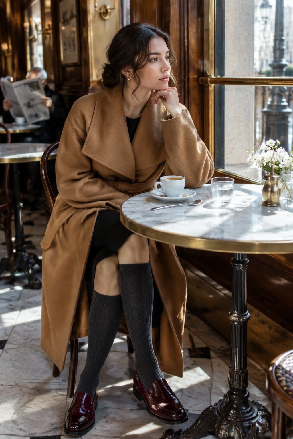 chic european fall outfit: caramel wrap coat with burgundy loafers