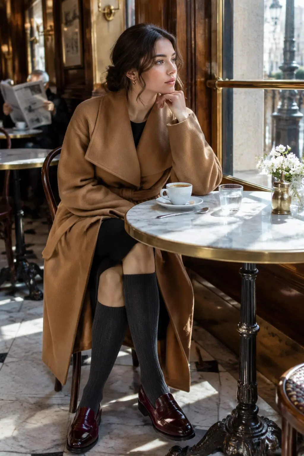 chic european fall outfit: caramel wrap coat with burgundy loafers