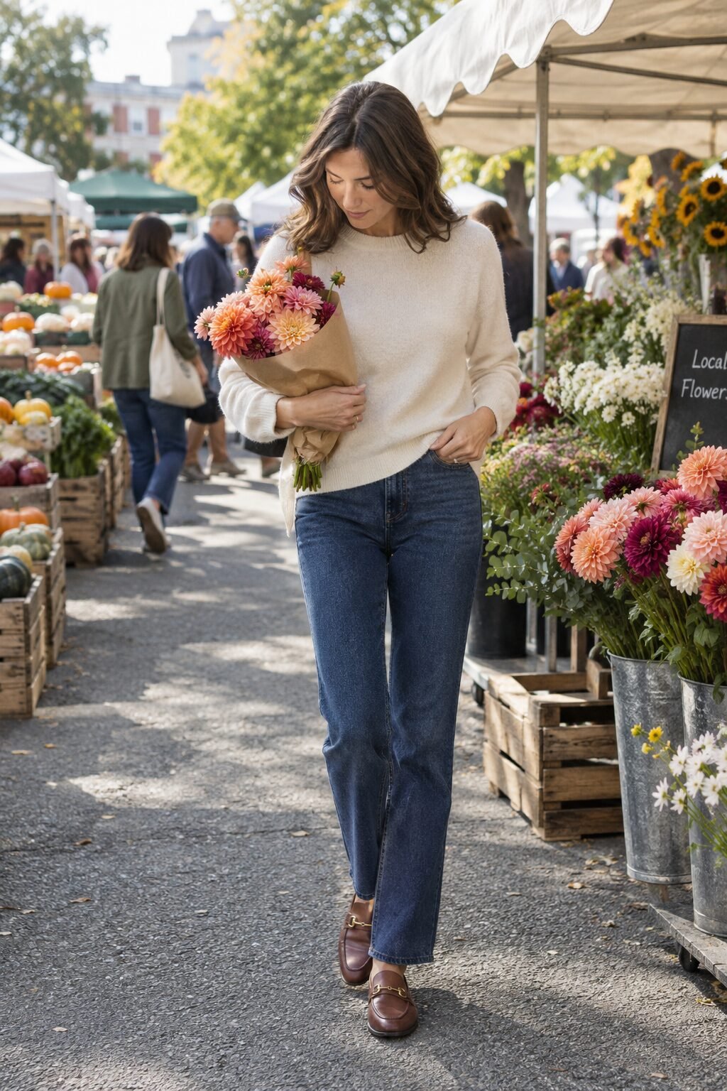 fall brunch outfit: ivory cashmere sweater tucked into straight jeans with brown bit loafers