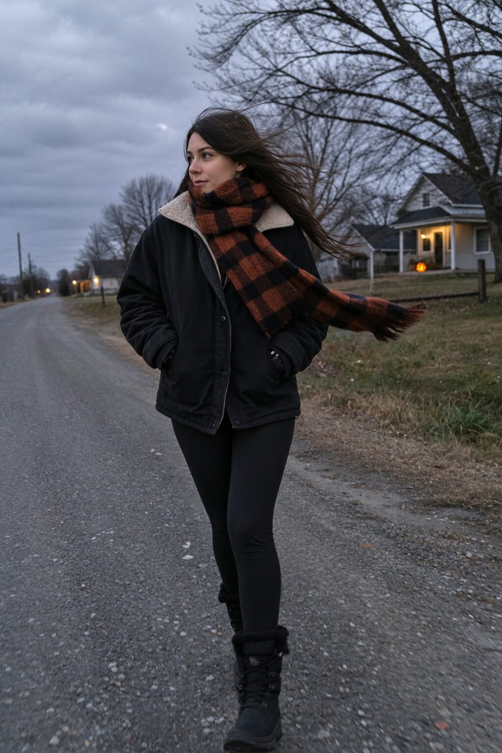 black sherpa-lined utility jacket over fleece-lined leggings with a rust plaid scarf, warm halloween outfit for moms trick-or-treating in cold windy weather