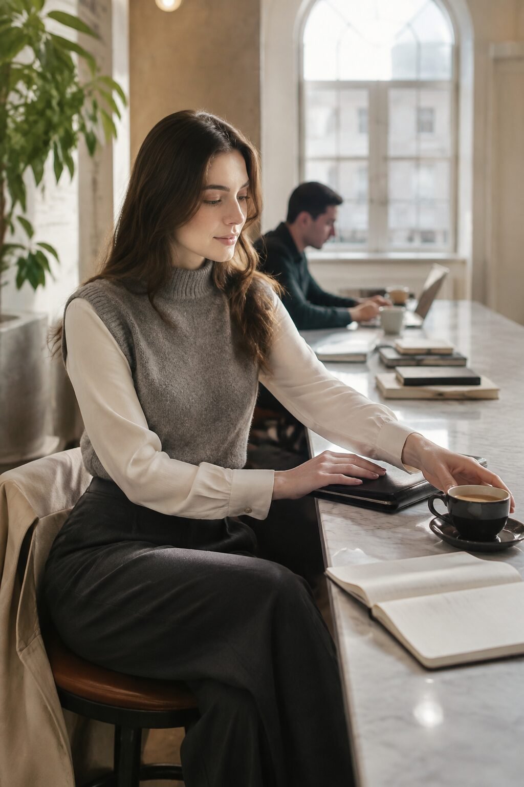 italian fall outfit: charcoal sweater vest, ivory silk blouse, and charcoal wide-leg wool trousers